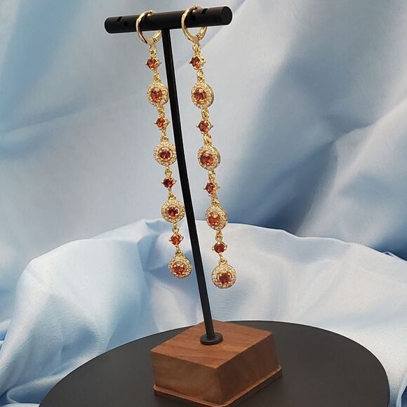 Natural Red Mystic Topaz 18K Gold Long Dangle Earrings - Picture 8 of 9